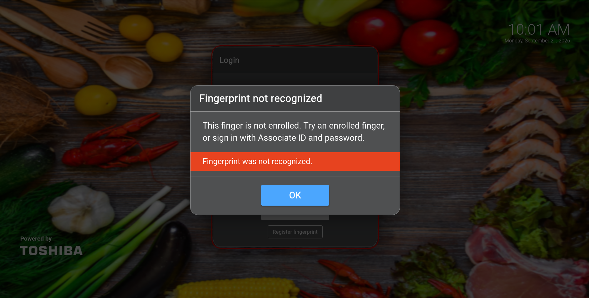 ELERA WebPOS displaying a generic fingerprint-not-recognized message with the active red Login-dialog border visible behind it
