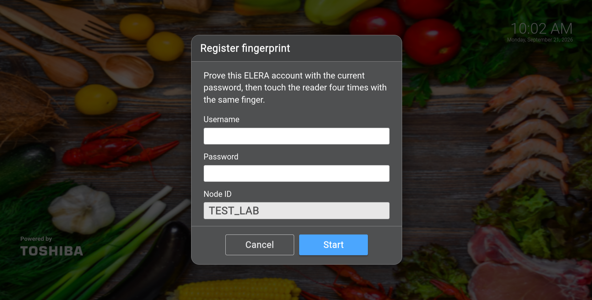 ELERA WebPOS fingerprint registration form requesting username, password, and store node